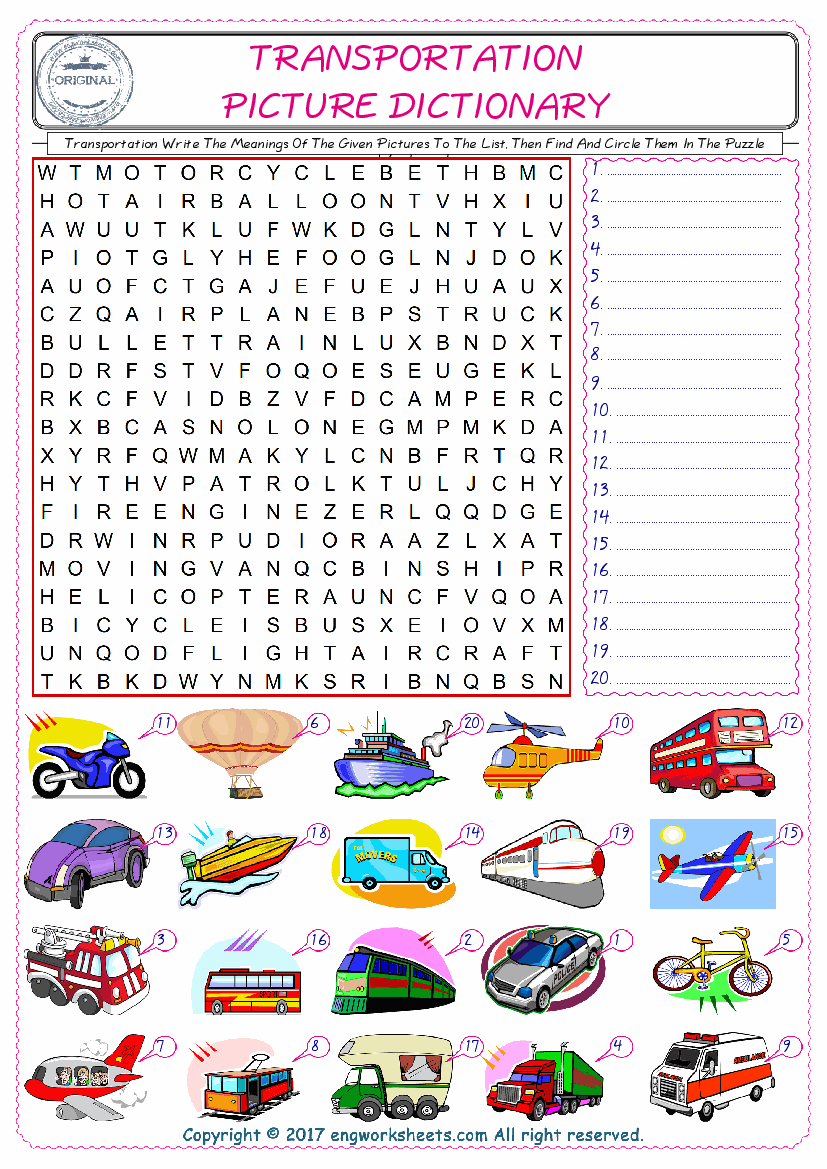  For kids, check the picture of Transportation find, and write the word and find it in the word puzzle ESL printable worksheet. 